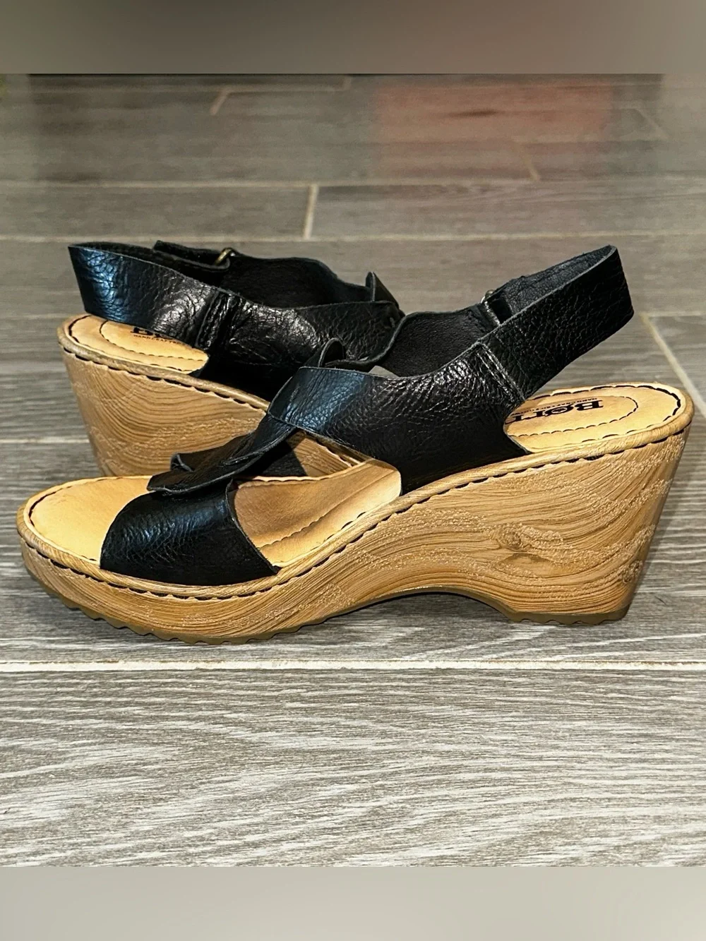 Born Nina Braided Front Wedge Black Leather Women’s 6M Platform Open Toe Sandal